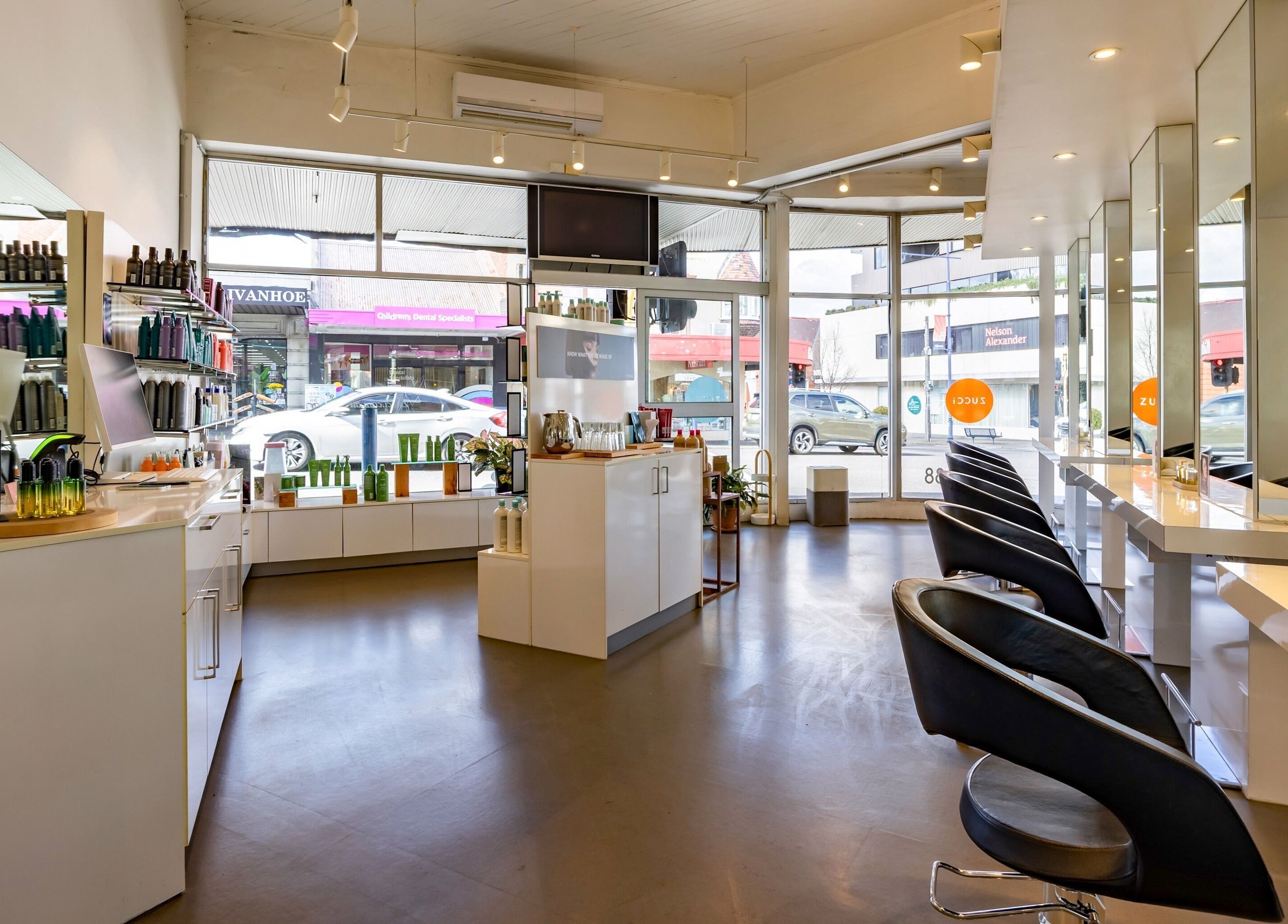 Modern interior of Zucci Ivanhoe in Melbourne, Victoria, AU, featuring sleek styling stations and products.