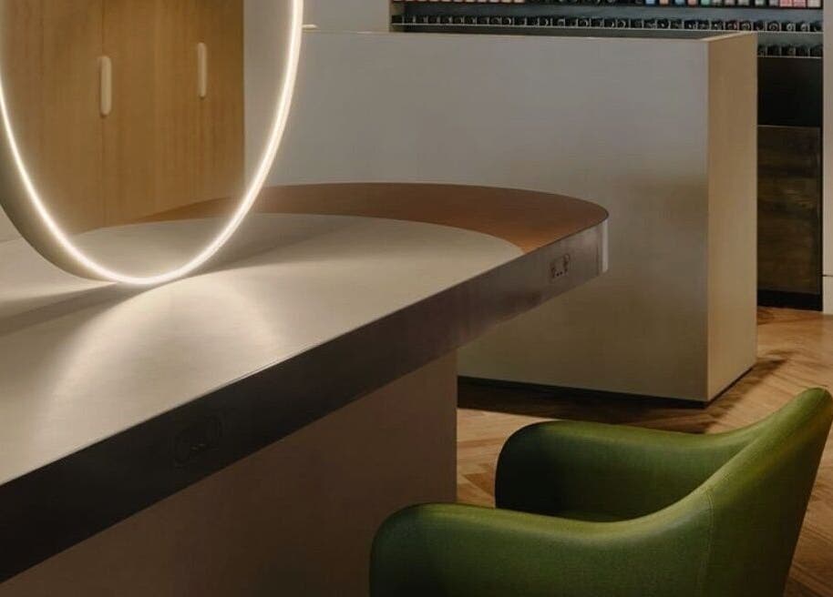 Modern salon counter with lighted mirror at Zucci South Melbourne, Melbourne, Victoria, AU.