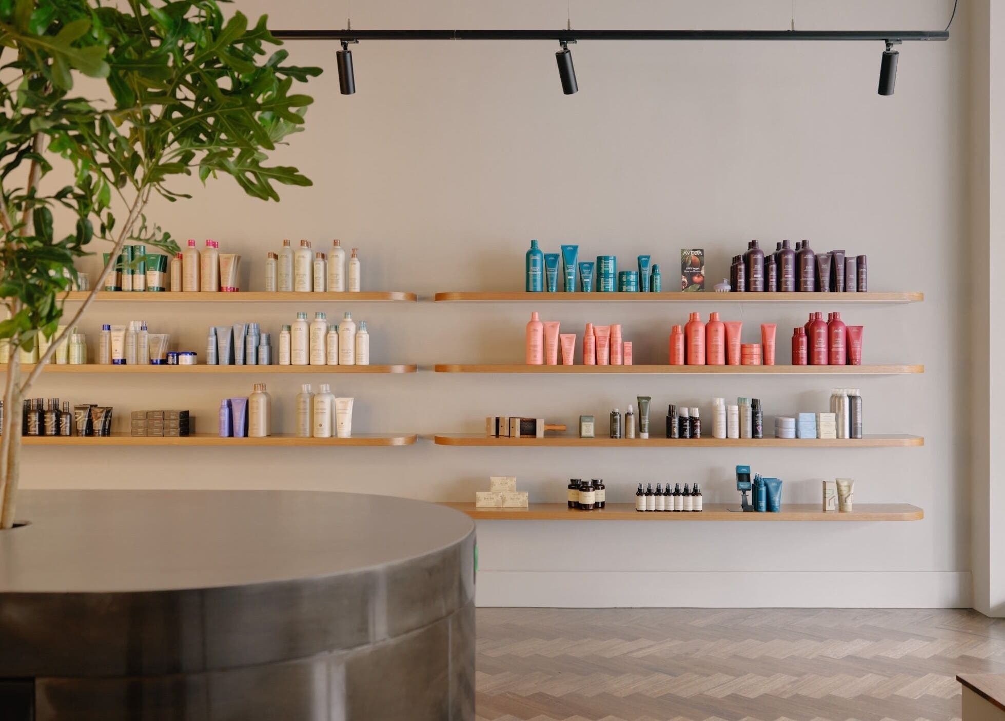 Product display shelves inside Zucci South Melbourne, a beauty venue in Melbourne, Victoria, AU.