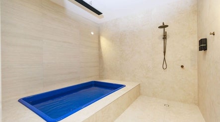 Luxurious bathing area at Excelsius Wellness, Forest Glen, Queensland, AU, featuring a sleek blue tub.