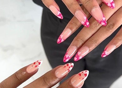 Stylish pink and red nail art at Krystina Beauty Studio, Hamilton, Waikato Region, NZ.