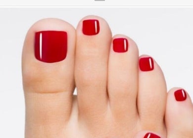 Bold red polished toenails at H&B Nail Lab, Melbourne, Victoria, AU. Perfect salon finish.