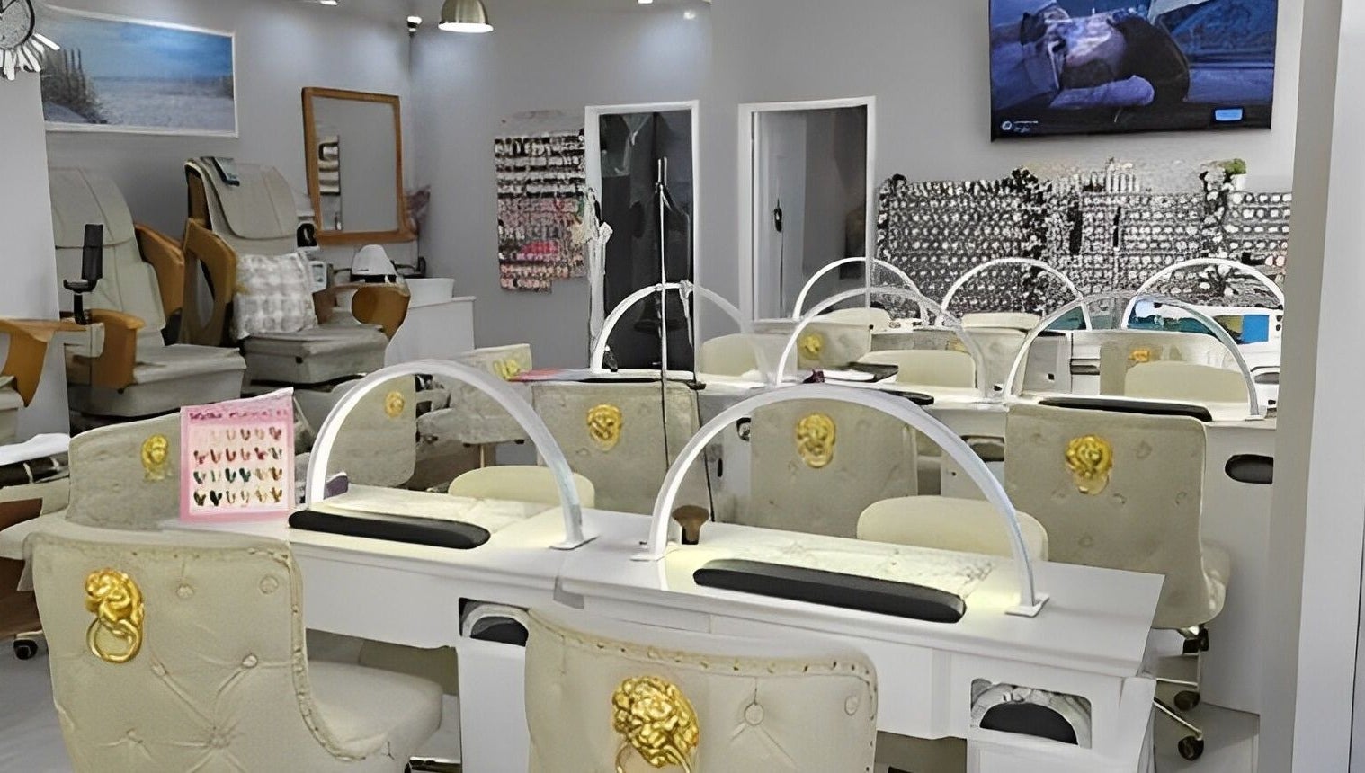 Stylish nail salon interior at Classy Nail & Beauty, Fremantle, Western Australia, AU. Chic chairs and workstations.
