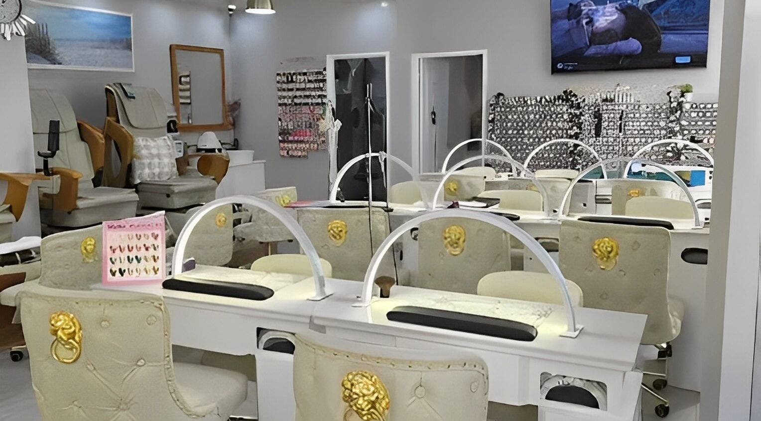 Stylish nail salon interior at Classy Nail & Beauty, Fremantle, Western Australia, AU. Chic chairs and workstations.