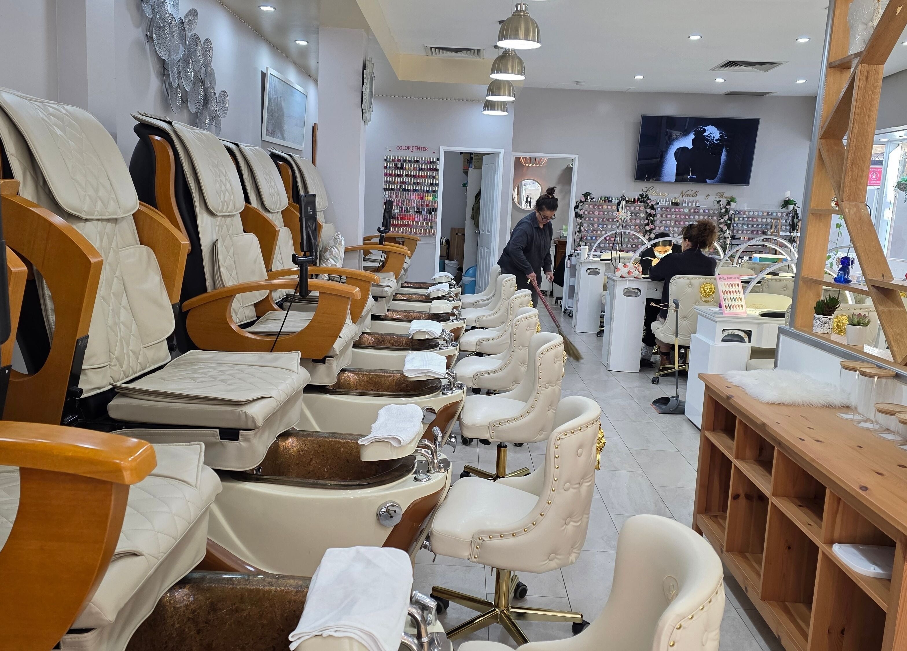 Classy Nail & Beauty in Fremantle, Western Australia, AU offers luxurious pedicure seats and nail stations.