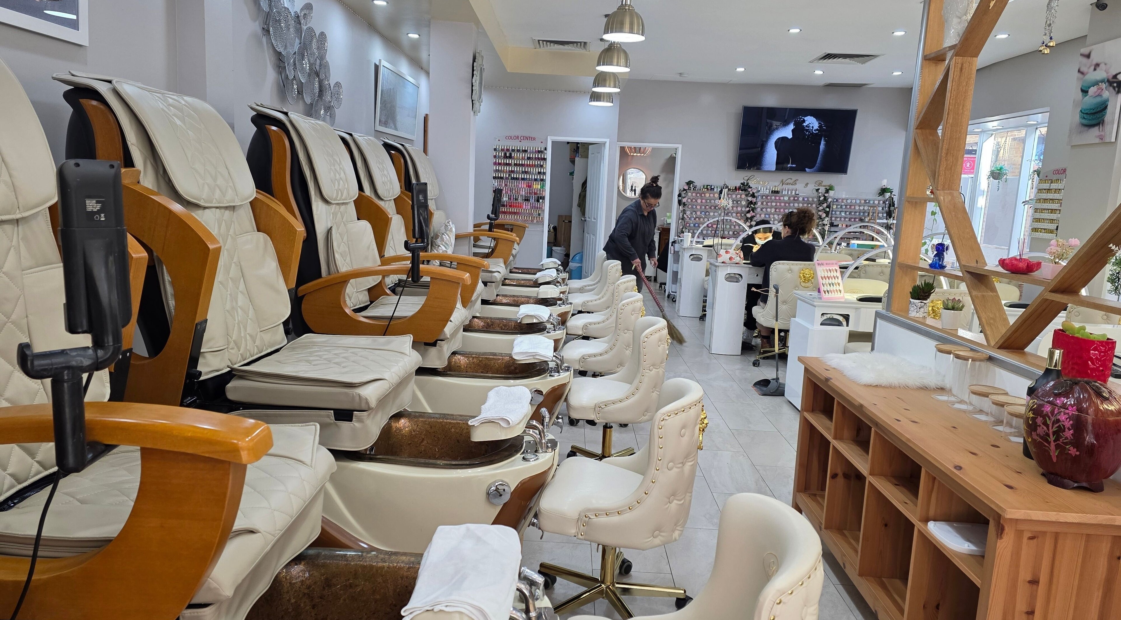 Classy Nail & Beauty in Fremantle, Western Australia, AU offers luxurious pedicure seats and nail stations.