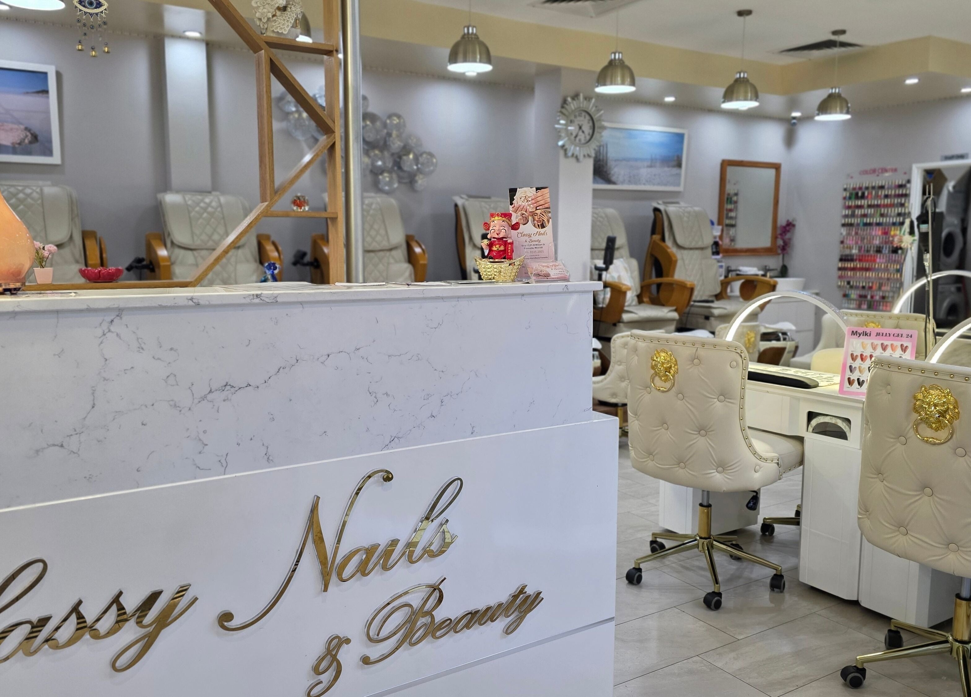Upscale interior of Classy Nail & Beauty in Fremantle, Western Australia featuring stylish decor and beauty stations.