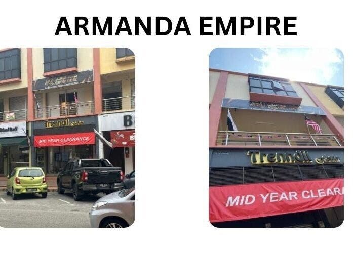 Pemandangan hadapan Armanda Empire Spa, Kuantan, Pahang, MY dengan papan tanda dan kereta di parkir.