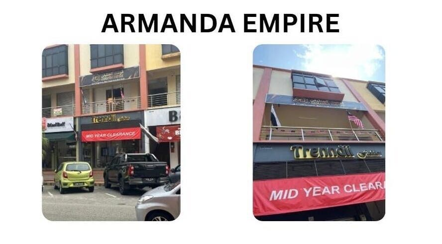Pemandangan hadapan Armanda Empire Spa, Kuantan, Pahang, MY dengan papan tanda dan kereta di parkir.