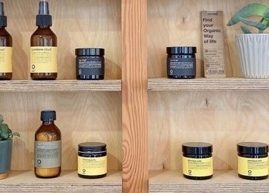 Organic hair products on display at Onics Hair, London, England, GB, showcasing natural beauty solutions.
