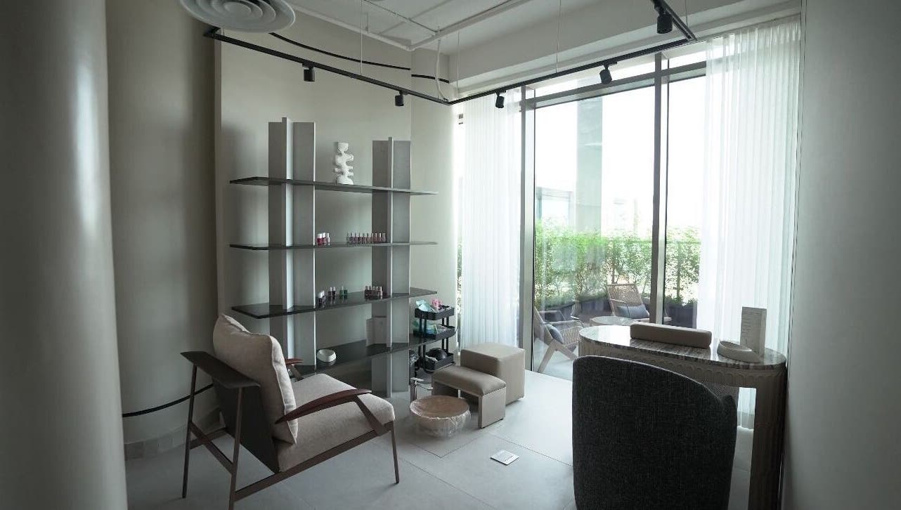 Elegant spa lounge at Queen of Sheba, Al Khobar, Eastern Province, SA. Modern decor with large windows.