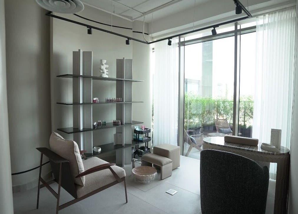 Elegant spa lounge at Queen of Sheba, Al Khobar, Eastern Province, SA. Modern decor with large windows.