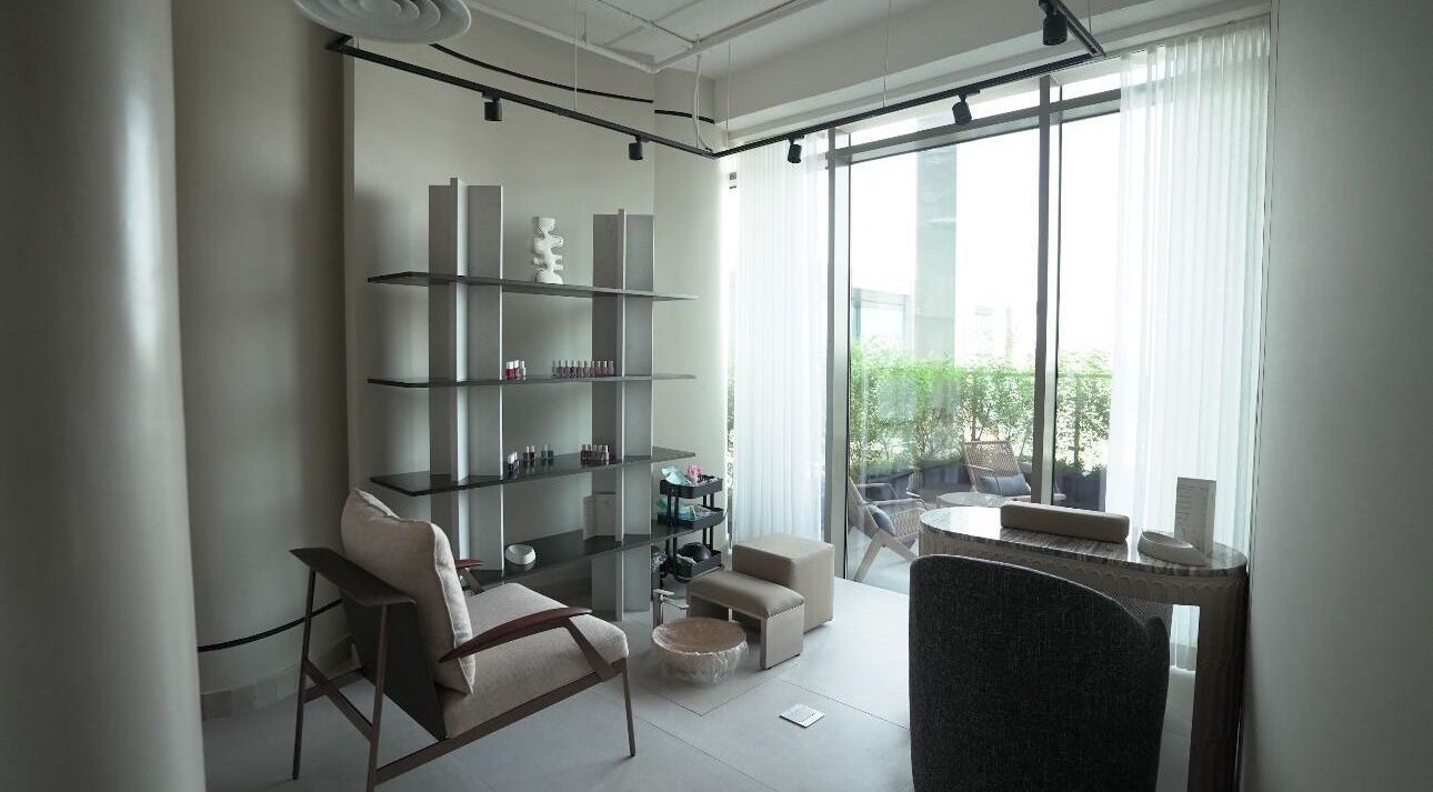 Elegant spa lounge at Queen of Sheba, Al Khobar, Eastern Province, SA. Modern decor with large windows.