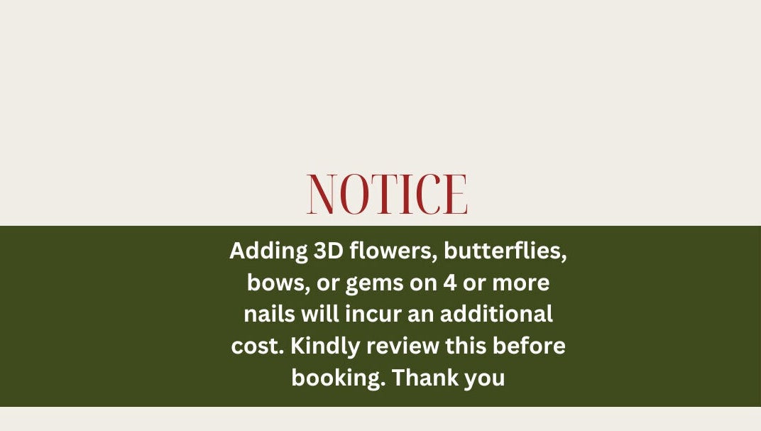 Notice at HOUSE OF SKY BEAUTY BAR, San Fernando, TT about extra charges for 3D nail art.