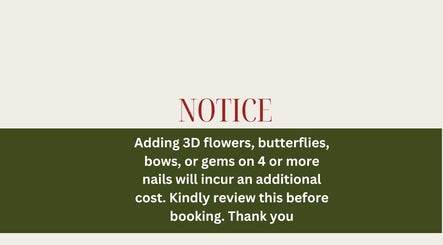 Notice at HOUSE OF SKY BEAUTY BAR, San Fernando, TT about extra charges for 3D nail art.
