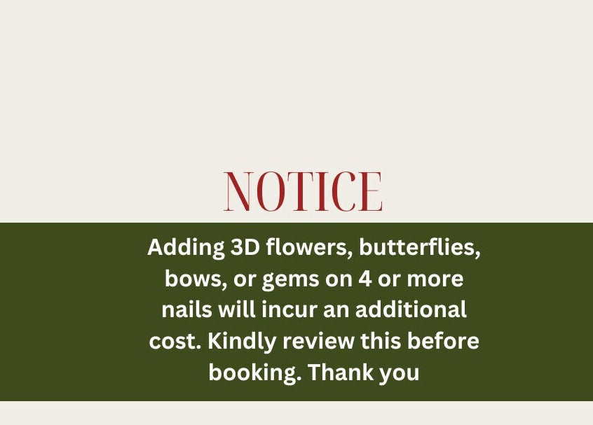 Notice about additional charges for 3D nail art at HOUSE OF SKY BEAUTY BAR, San Fernando, TT.