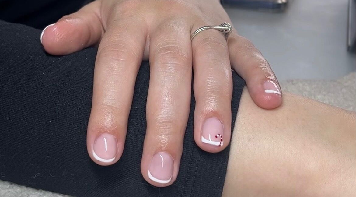 French manicure with delicate design at Glossed by Ell, Halesowen, England, GB.