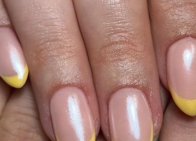 Stylish yellow-tipped manicure at Cured By Jess, Sandbach, England, GB.