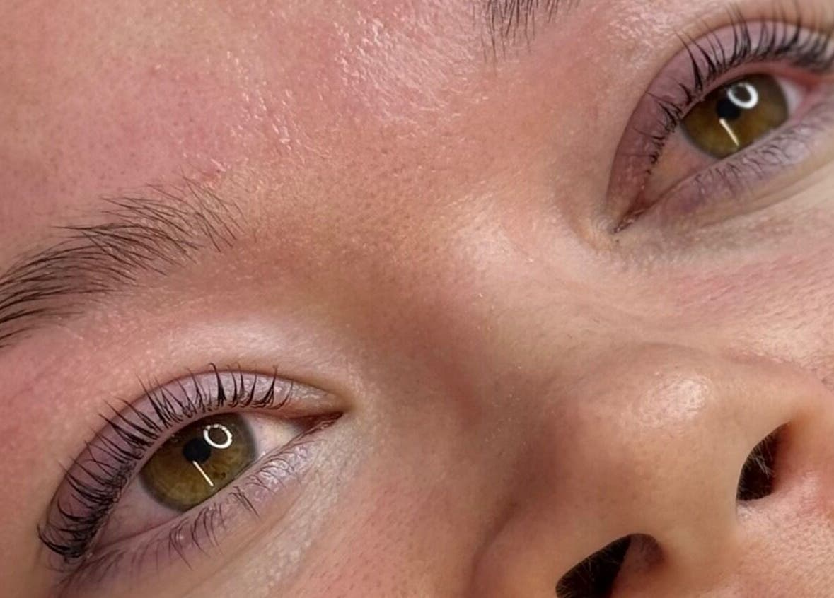 Close-up of well-groomed eyelashes and brows at Cured By Jess, Sandbach, England, GB.