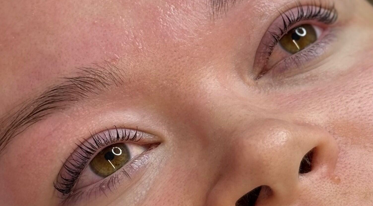 Close-up of well-groomed eyelashes and brows at Cured By Jess, Sandbach, England, GB.