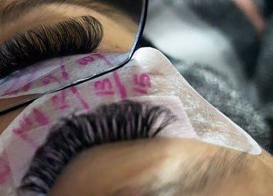 Close-up of eyelash extensions at Ari Cosmetics, Royal Wootton Bassett, England, GB. Detailed lash work.