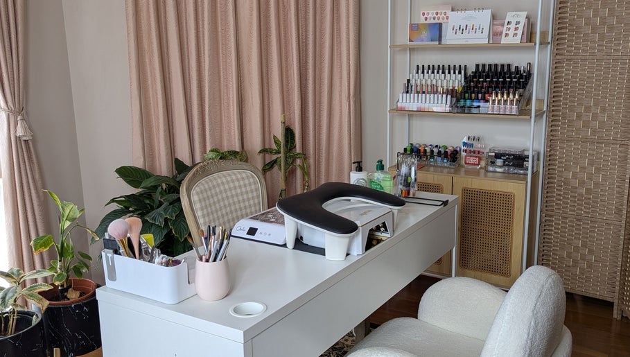 Cozy nail station at The Nail Aangan, Narre Warren South, Victoria, AU, showcasing manicure essentials and decor.