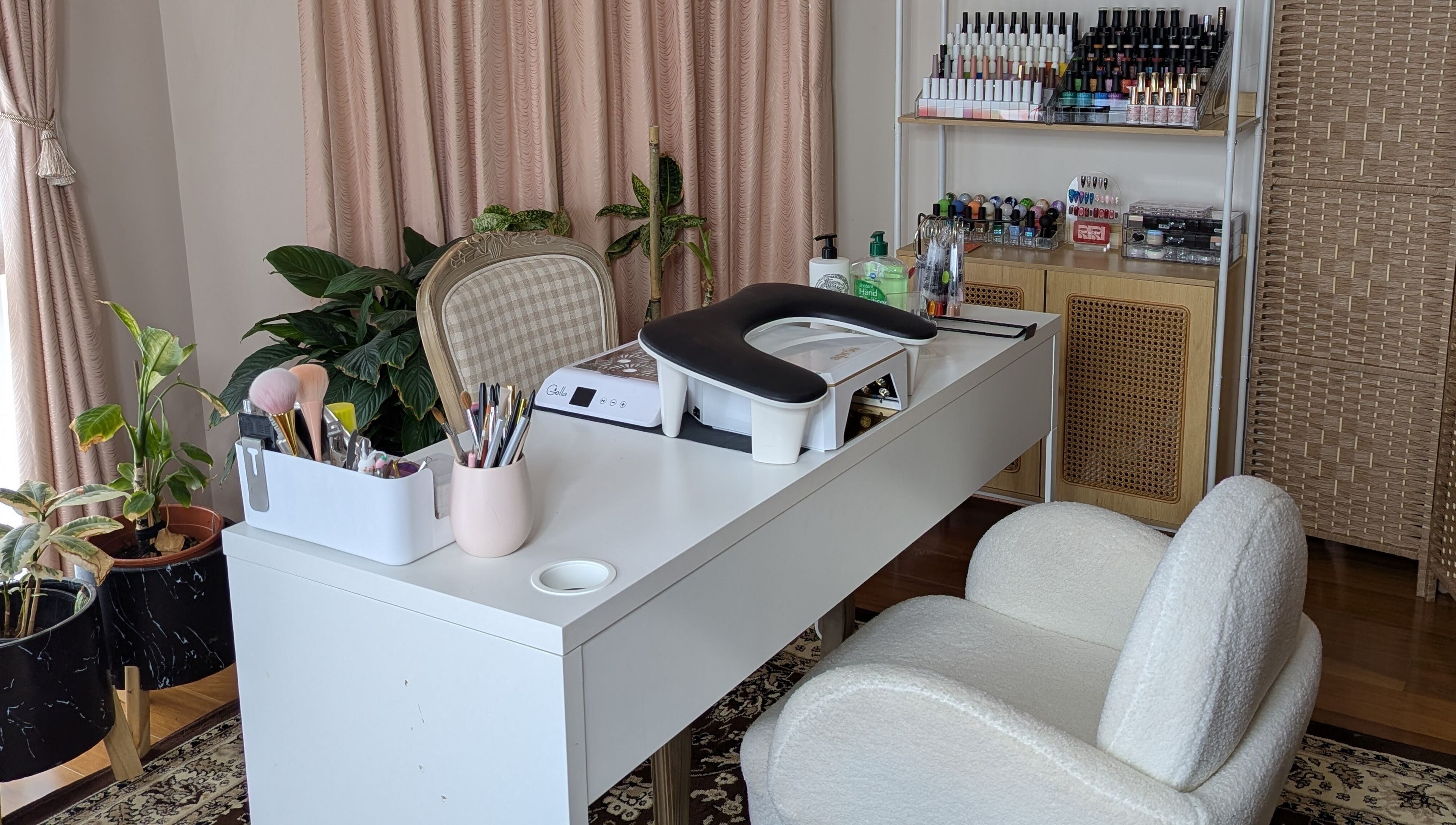 Modern nail station at The Nail Aangan, Narre Warren South, Victoria, AU showcasing tools and polish collection.
