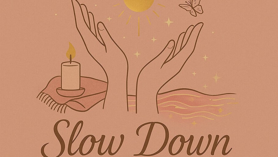 Illustration de mains et bougie, symbole de détente à Slow Down, Brighton And Hove, England, GB.
