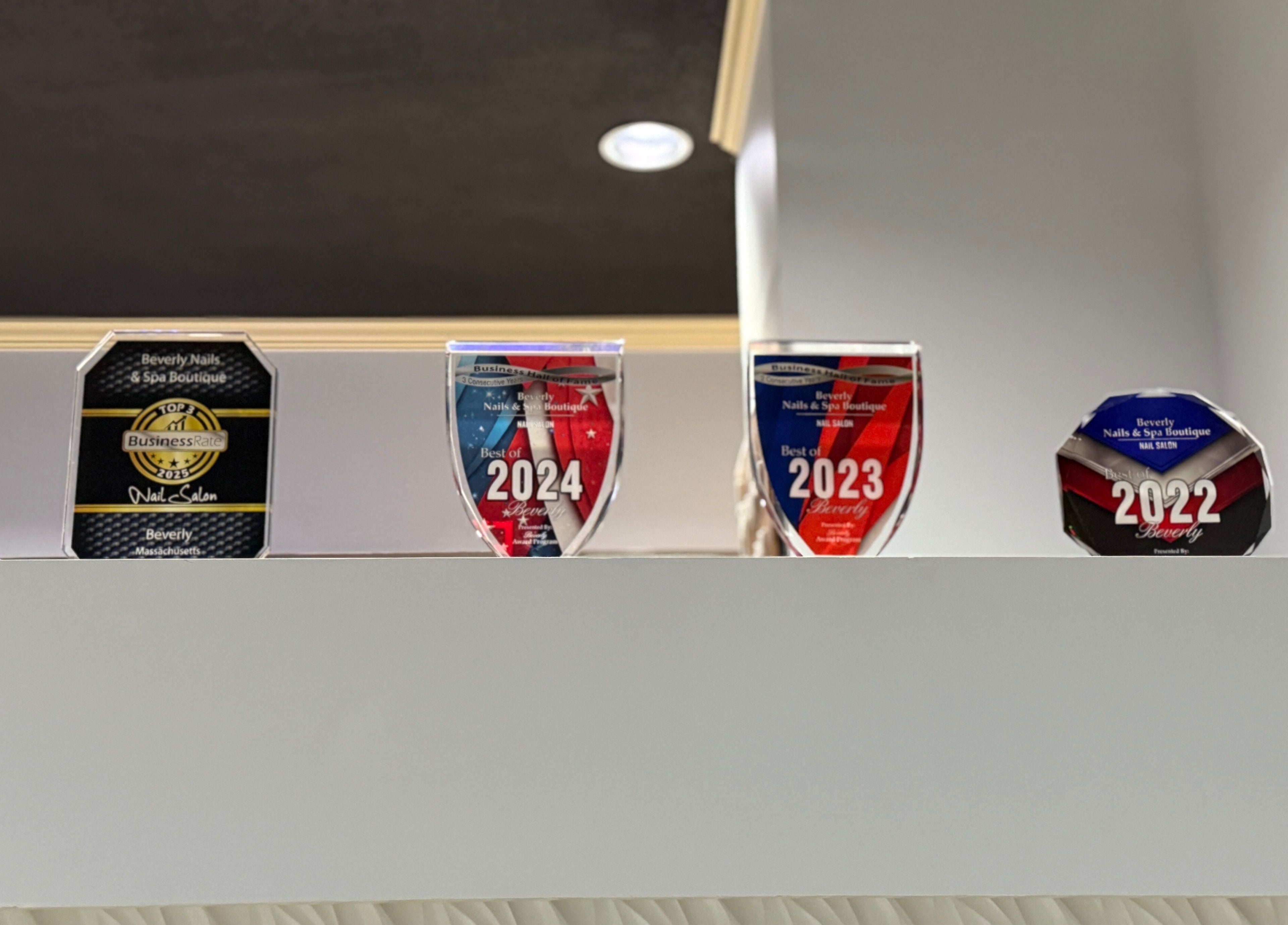 Awards displayed at Beverly Nails and Spa Boutique, Beverly, Massachusetts, US.