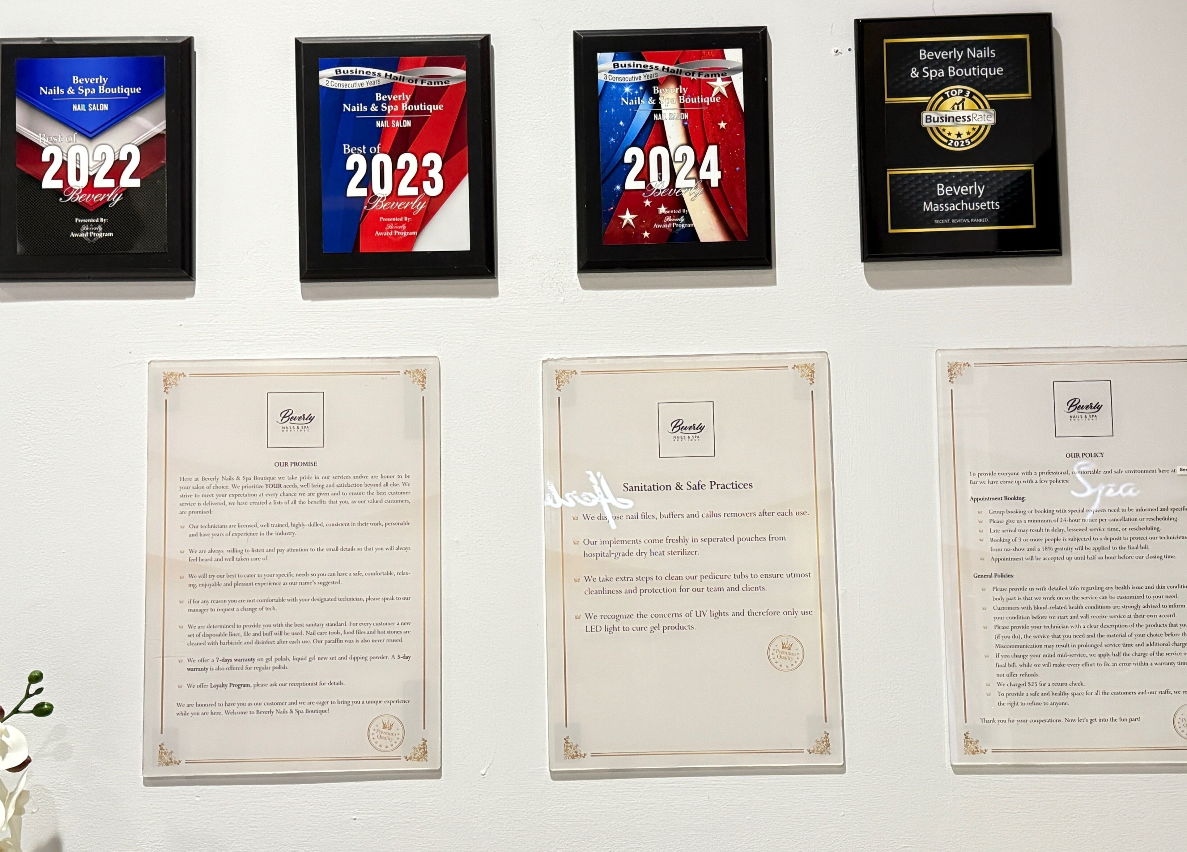 Awards on display at Beverly Nails and Spa Boutique, Beverly, Massachusetts, US.