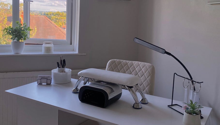 Cozy modern nail care station at Beautybycharlotte, Flockton, England, GB with lovely outdoor view.