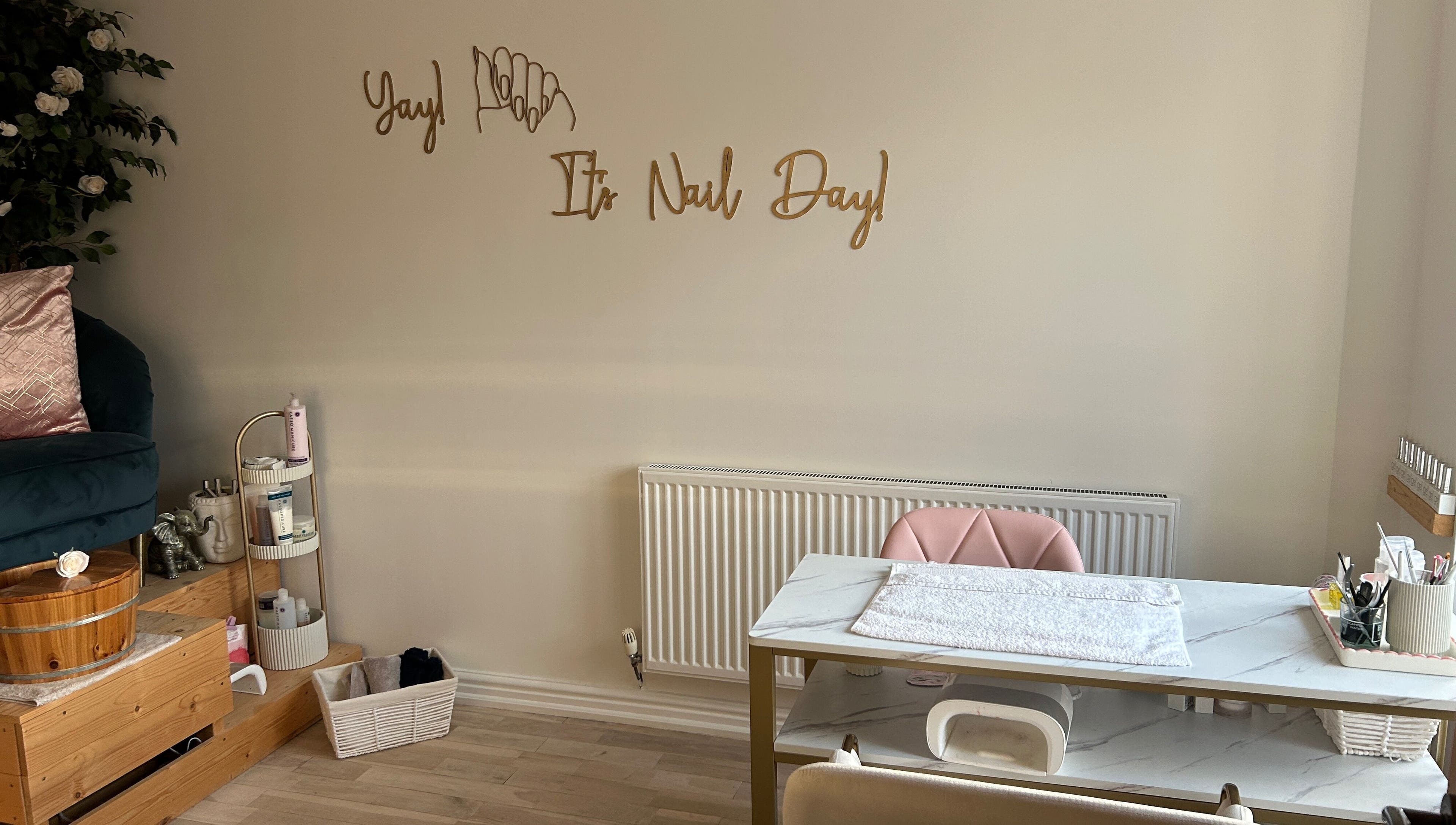 Manicure space at Beauty Bar | FY6, Poulton-le-fylde, England, GB. Cozy setup with sign 'It's Nail Day'.