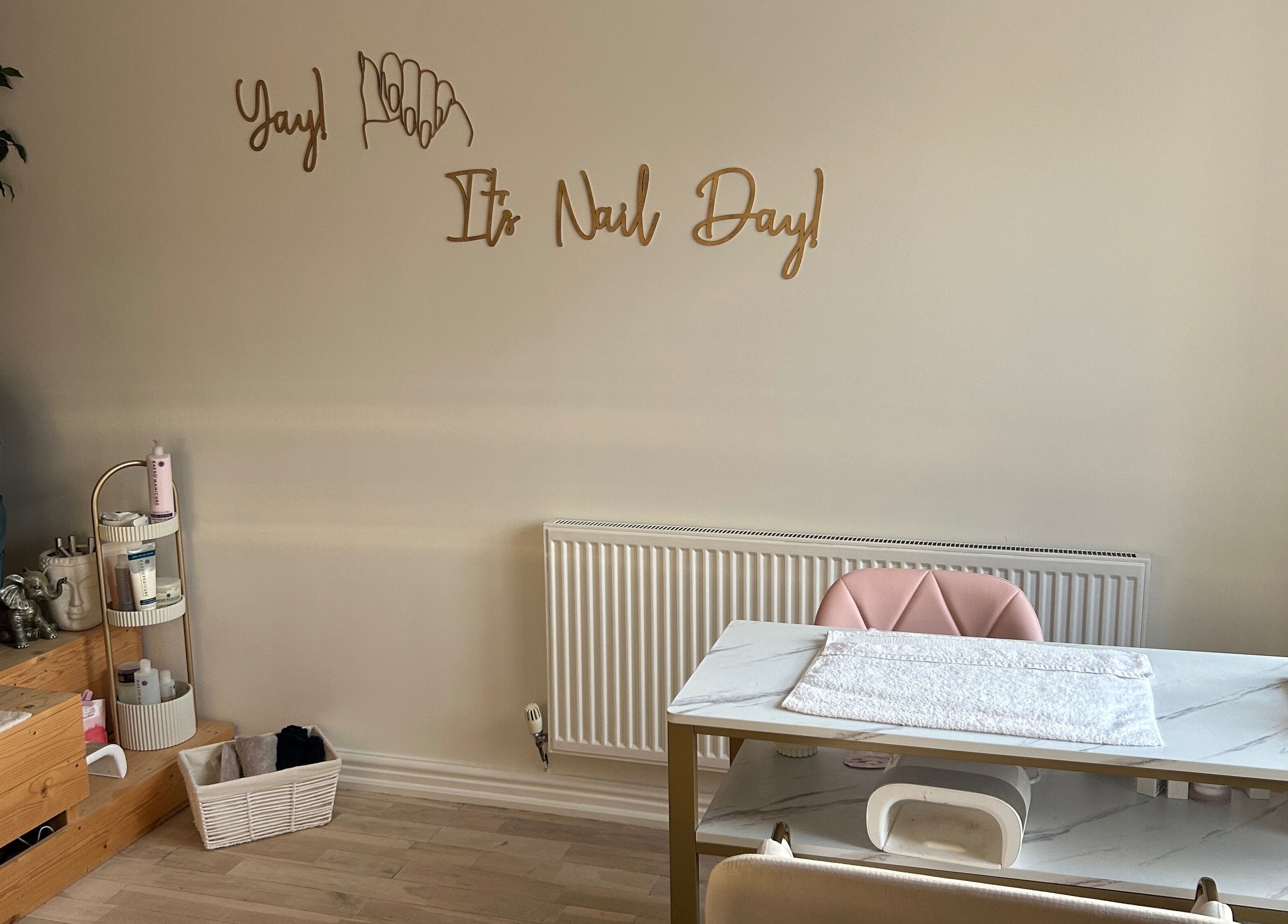 Manicure space at Beauty Bar | FY6, Poulton-le-fylde, England, GB. Cozy setup with sign 'It's Nail Day'.