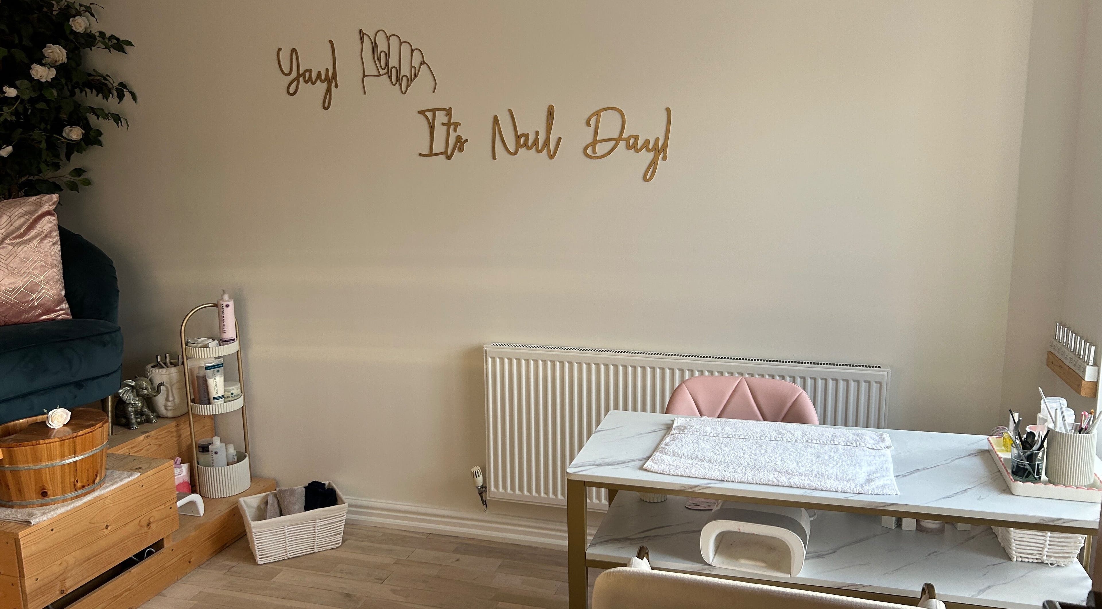 Manicure space at Beauty Bar | FY6, Poulton-le-fylde, England, GB. Cozy setup with sign 'It's Nail Day'.