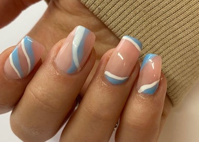Stylish blue and white nail art at Beauty Bar | FY6 in Poulton-le-fylde, England, GB.