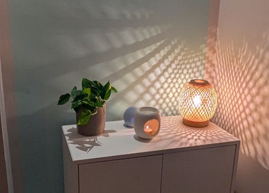 A calming setup with a plant and lamp casting patterns in Azure Wellness, Combe Martin, England, GB.