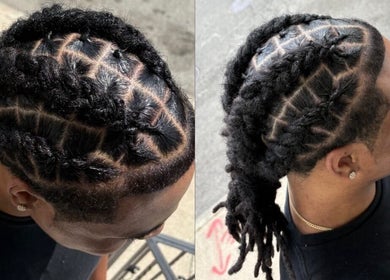 Intricate braids at Shegostyless salon in Boston, Massachusetts, US, showcasing detailed cornrow patterns.