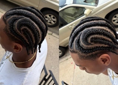 Intricate cornrow hairstyle at Shegostyless, Boston, Massachusetts, US.