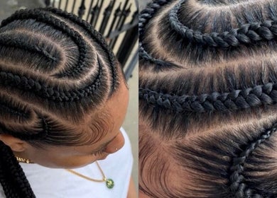 Intricate cornrow braids styled at Shegostyless, Boston, Massachusetts, US, showcasing artistry and precision.
