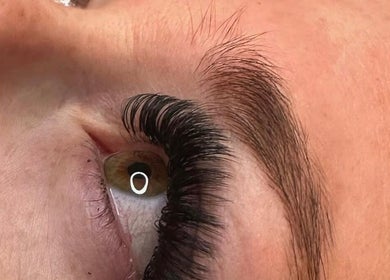 Close-up of beautifully applied eyelash extensions at Lilly Pottrick Aesthetics, Mission, British Columbia, CA.