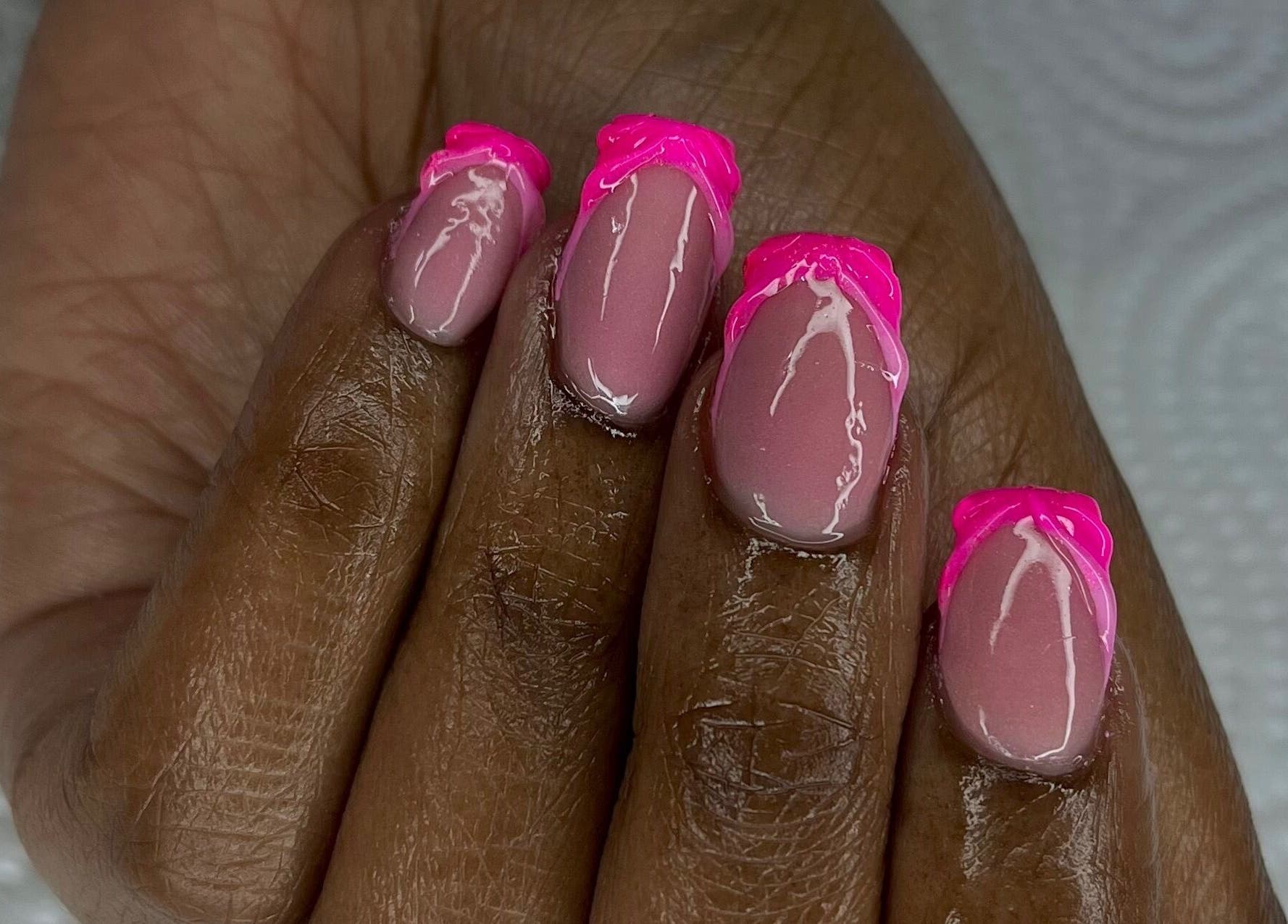 Close-up of vibrant pink nail design at Nail’d By Mash, Emalahleni, Mpumalanga, ZA.