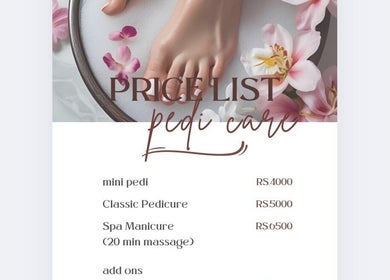 Pedicure price list with floral decor at The beauty genie.lk, Dehiwala, LK. Mini, Classic, Spa options available.