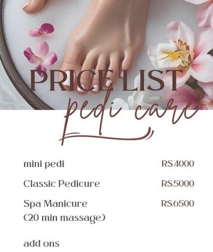 Pedicure price list with floral decor at The beauty genie.lk, Dehiwala, LK. Mini, Classic, Spa options available.