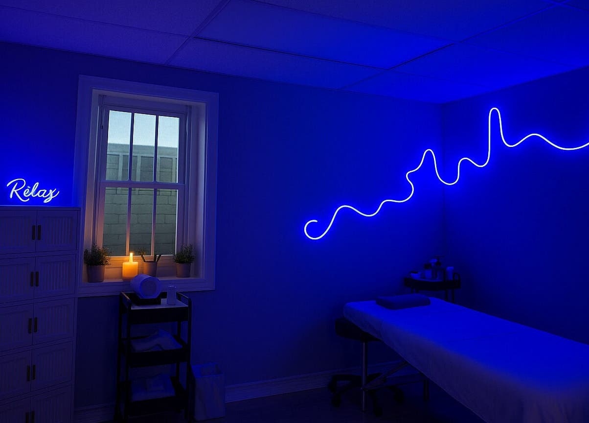 Tranquil massage room with blue neon lights at 416 Skin Aesthetics & Academy, Toronto, Ontario, CA.