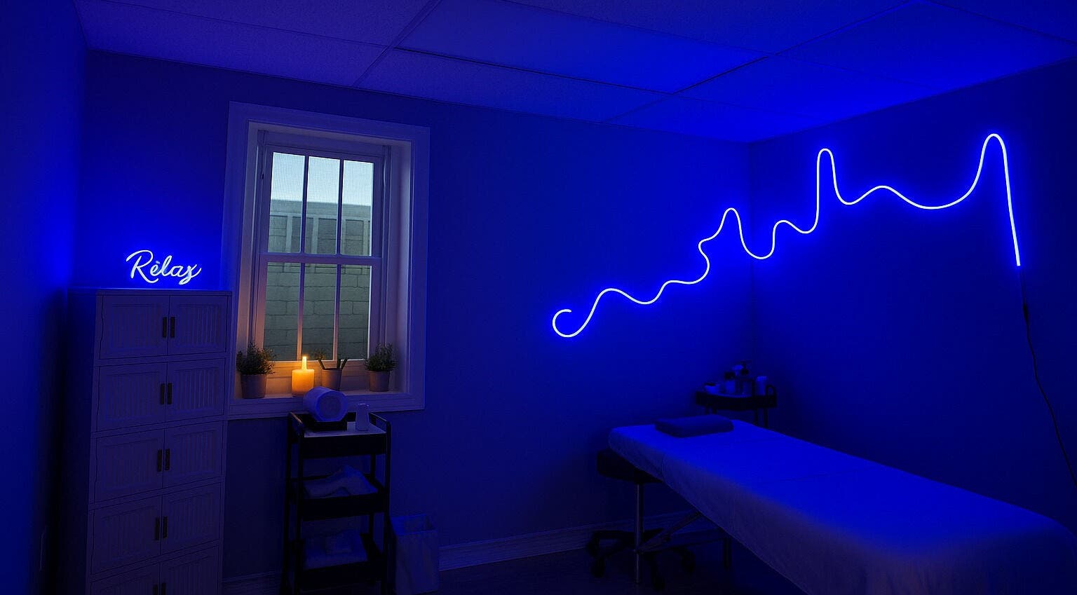 Tranquil massage room with blue neon lights at 416 Skin Aesthetics & Academy, Toronto, Ontario, CA.