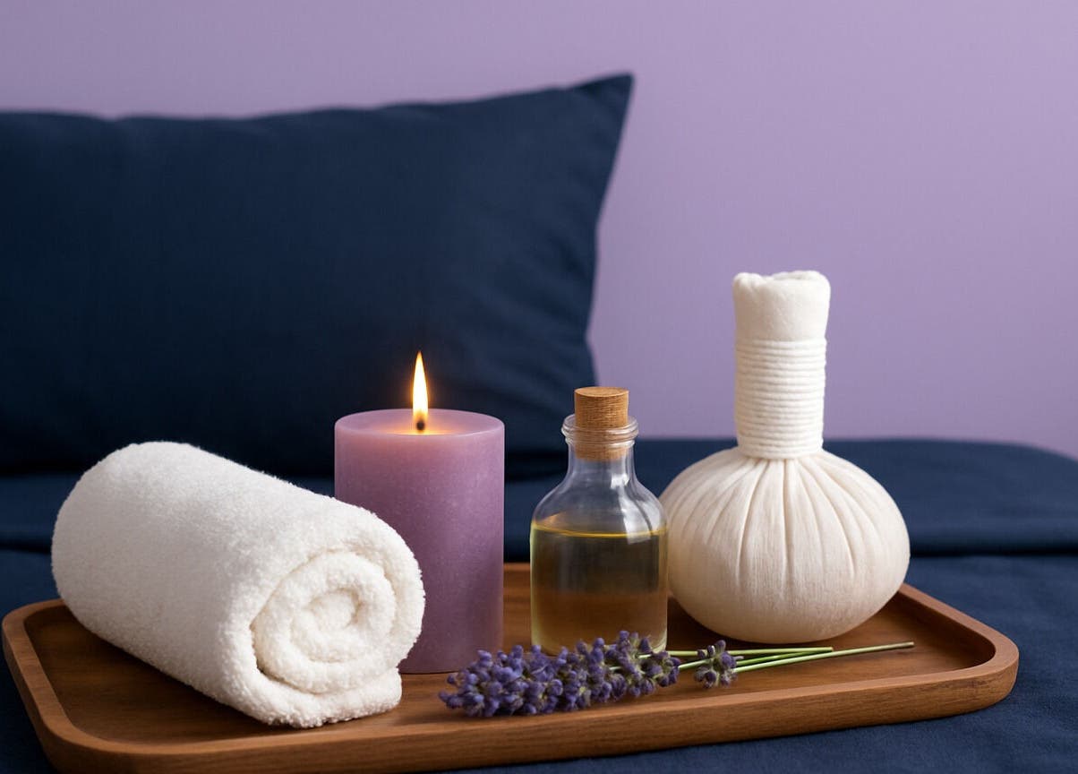 Relaxing spa setup at 416 Skin Aesthetics & Academy, Toronto, Ontario, CA, with candle, oil, and towel.