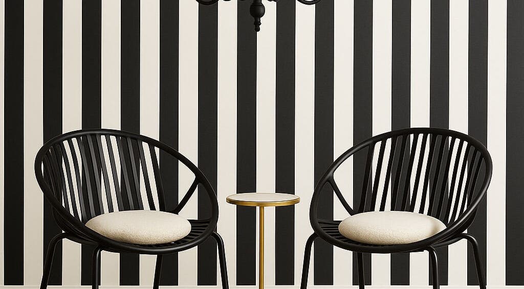 Stylish seating area at The Beauty Edit, Harare, Harare Province, ZW, with black striped walls and chic chairs.