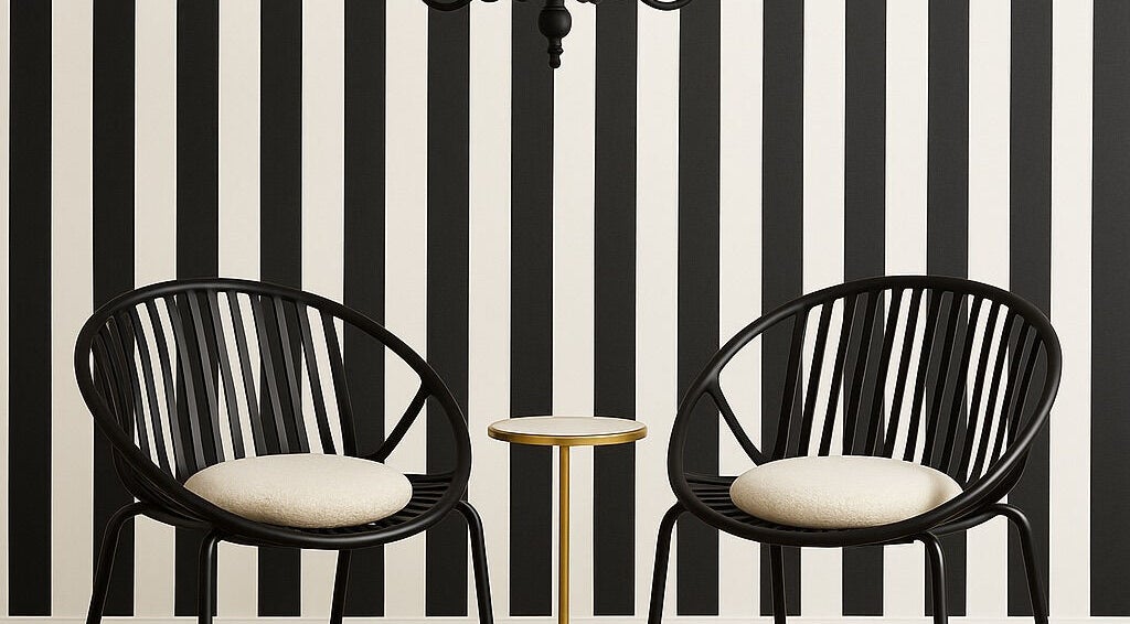 Stylish seating area at The Beauty Edit, Harare, Harare Province, ZW, with black striped walls and chic chairs.