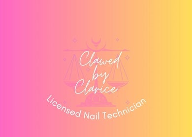 Logo of Clawed By Clarice, licensed nail technician in New York, New York, US on a pink-orange gradient background.