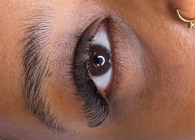 Closeup of a stylishly curled eyelash extension from Lashedbyacc, Edmonton, Alberta, CA.